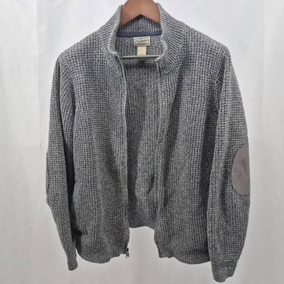 LL Bean Sweater Mens Large Gray Full Zip Elbow Pad Waffle Knit Grandpa Core - Picture 3 of 10